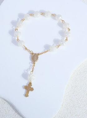 漂亮独特手链女款2026新款天使洗礼手饰礼物玫瑰花珍珠十字吊坠派
