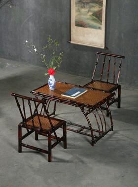 仿古中式大漆筇竹家具小椅子茶几长方形茶桌椅组合客厅家用茶道桌