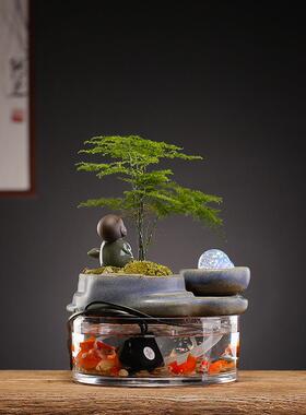 中式家来时运转流水玻璃鱼缸小件创意用办CSZW-BJA公摆室桌面绿植