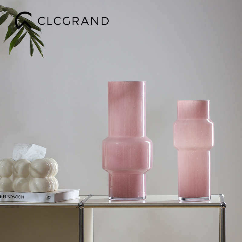 浅桃粉中古玻璃花瓶复古高级感客厅餐桌轻奢简约设计小众插花摆件,淘宝优惠券,粉丝福利购,淘宝优惠卷