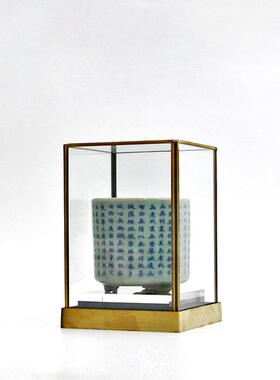 新中式仿古玻璃罩架陶瓷经文三足香炉摆件样板房茶室书房茶几摆设