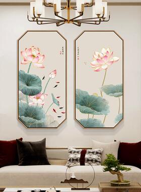 新中式九鱼图入户玄关装饰画走廊过道尽头花卉竖版挂画背景墙壁画
