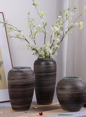 新中式粗陶高级感陶瓷花瓶摆件覆古家居装饰品客厅陶罐花器可水培