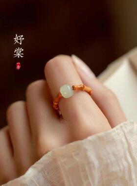 新中式戒指女小众设计独特本命年朱砂戒指橄榄核竹节古风戒指女生