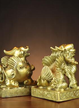 黄铜坐貔貅方铜貅摆件坐貔厂貅貔00008单双角方底貔貅一对家