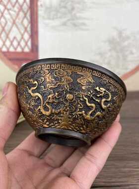 古玩杂项鎏金铜器碗精品祥云龙凤铜碗摆件装饰碗中国风酒柜摆件
