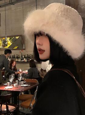 韩版渔夫帽子女毛绒宽檐显脸小狐狸毛冬季保暖护耳双层加厚水桶帽