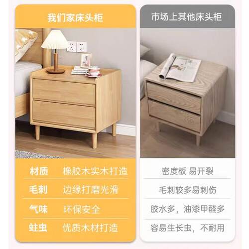 全实木床头柜北欧简约现代橡胶木卧室床边柜置物柜小型简易收纳柜 - 图0
