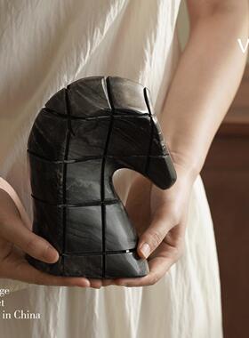 梵其侘寂风黑色大理石抽象马头摆件样板间客厅书房酒柜桌面装饰品