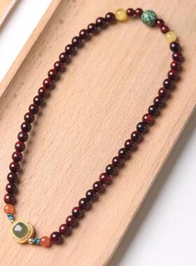 印度小叶紫檀文艺手串复古木质双圈手链配蜜蜡南红圆珠大漆珠手链