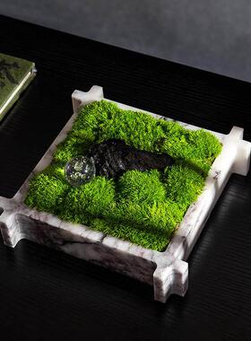 大理石苔藓花艺摆件方形石材花器绿植摆设样板间客厅茶几软装饰品