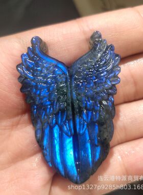 天然拉长石原石水晶雕刻蓝光天使翅膀欧美装饰冥想水晶摆件吊坠