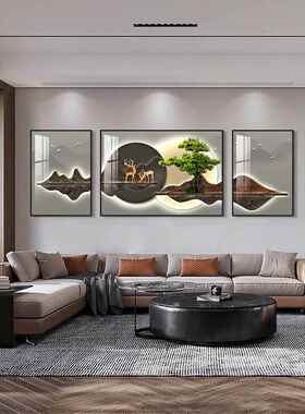 客厅装饰画现代简约沙发背景墙挂画背有靠山三联墙画轻奢福鹿壁画