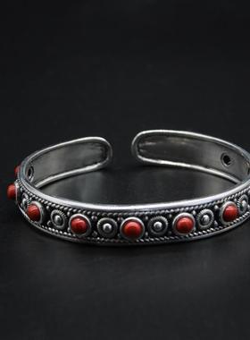 正品民原族2风95纯银手镯覆古款开口藏族游特色做旧手环牧草风蒙