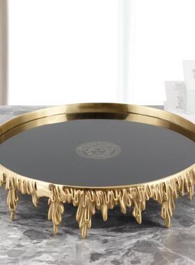 黄铜托盘客厅茶几餐桌高档茶杯收纳盘复古轻奢钢化玻璃盘