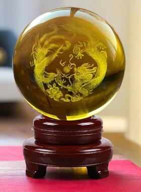 龙凤戏珠立体内雕水晶球玻璃球客厅抽象玄关办公室办公桌装饰摆件