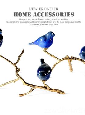 新款样板房美书房装饰品金属陶瓷式中客玄关树枝鸟厅玄关现代新式