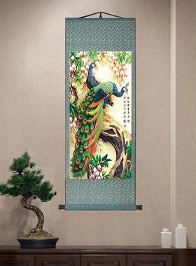 国画百鸟朝凤图玄关装饰挂画现代入户中欧式卷轴吉祥如意凤凰字画