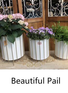 铁艺盆花盆花绿架萝北欧风铁质栽鲜花花器白圆形支架花落落地桶套