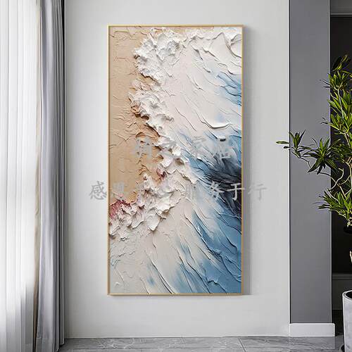 海浪蓝色玄关氛围感过道装饰画客厅楼梯间挂画简约感手绘油画 - 图0