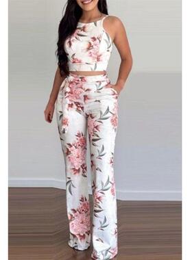 Two short printed vest high waisted wide leg pants women's