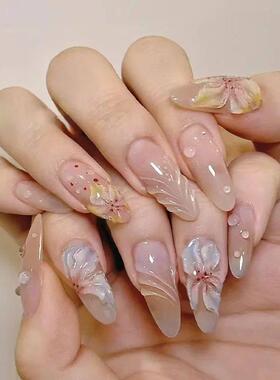24pcs Almond Press on Nails Flower False Nails Wearable Stic
