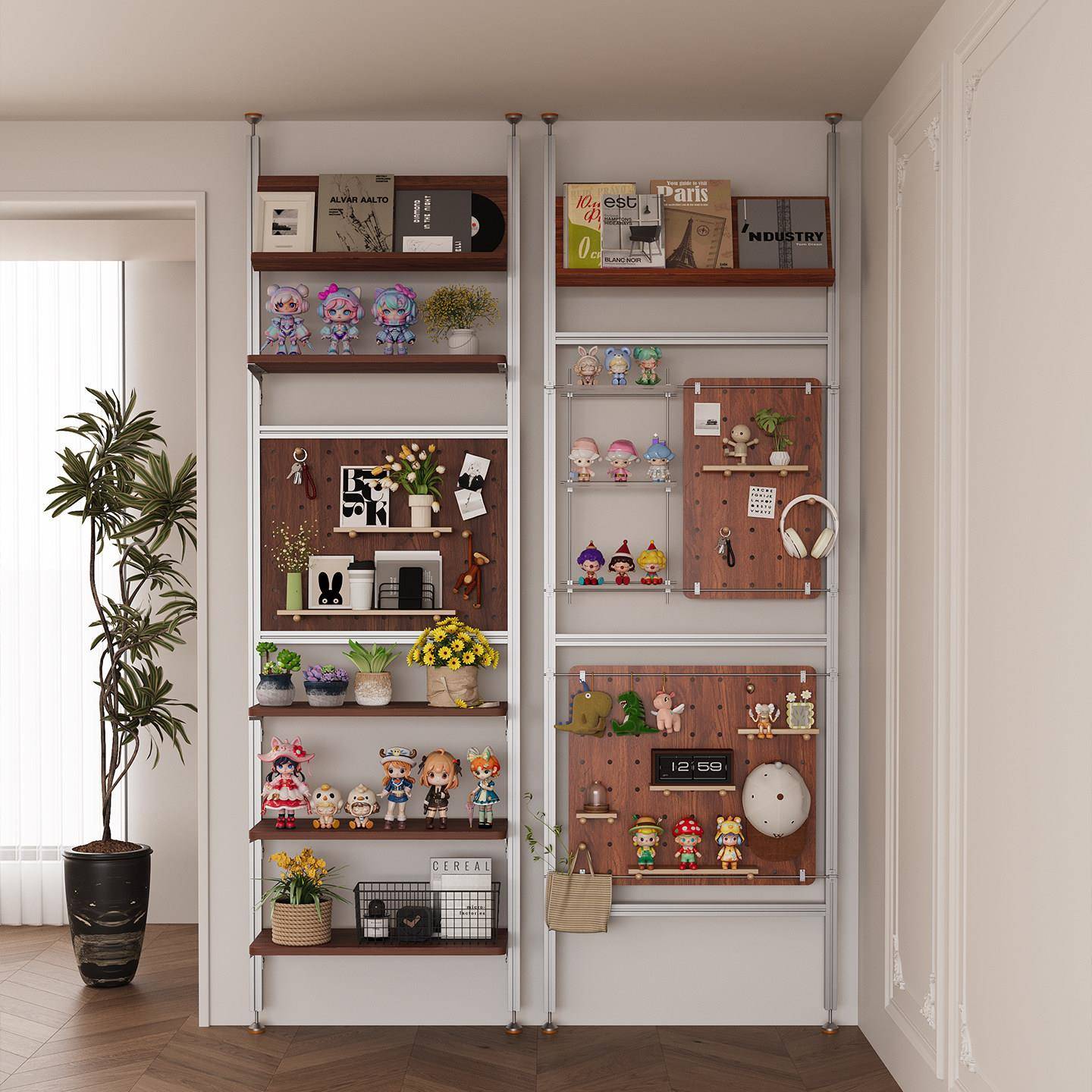 Top-of-the-ground storage rack solid wood entrance partition aluminum profile hole board optical axis storage rack wooden storage rack