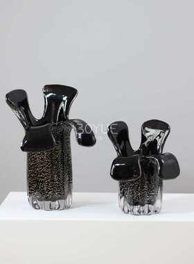 现代简约创意花瓣口金箔黑色手工琉璃花瓶样板间客厅软装花艺摆件