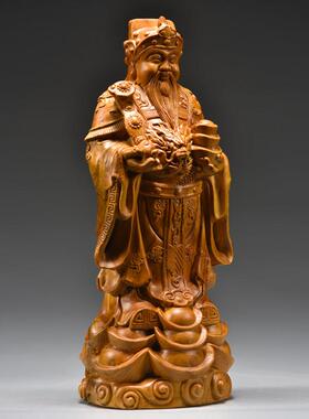 香樟木雕财神爷佛像摆件实木元宝如意文财神家居店铺公司玄关装饰