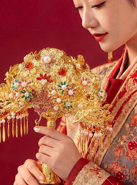 金色手捧花权杖结婚团扇新娘重工成品扇成品高级秀禾婚礼婚扇diy