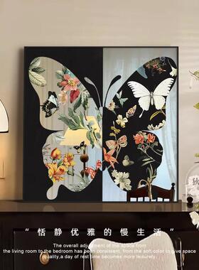 法式复古风客厅装饰画镜子高级感沙发背景墙面挂画蝴蝶桌面摆件画