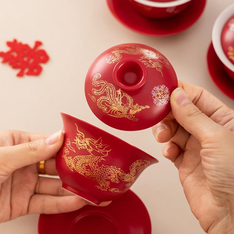 Tang Chengjing teacup set wedding change teacup tea set a pair of wedding supplies with tray wedding gifts