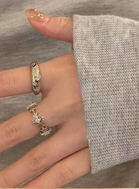 小众冷门戒指女学生党冷淡风~色锆石十字架女小众设计ins轻奢食指