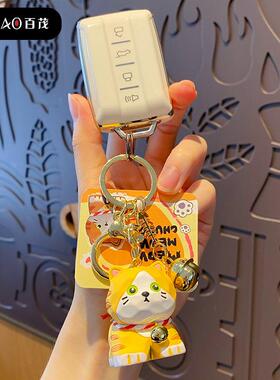 百茂原创木雕风喵喵教车钥匙扣挂件男女可爱创意树脂布偶猫钥匙链
