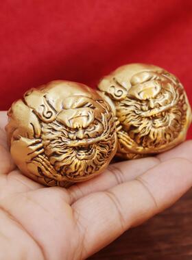 黄铜实心钟馗手球雕刻手把玩件黄铜老文玩茶宠桌面摆件老年健身球