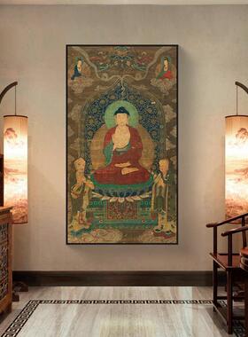 西方三圣画像阿弥陀佛接引图客厅挂画竖版释迦三尊佛像中堂装饰画