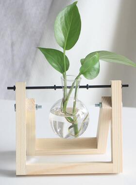 创意木架水培玻璃花器绿萝植物透明插花瓶客厅桌面摆件家居装饰品