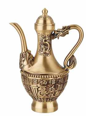 纯黄铜精雕百福高酒壶餐厅宴会婚庆铜器摆件龙凤手把壶复古铜茶壶