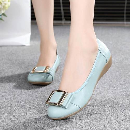 正品春秋妈妈鞋真牛底筋底软皮底单防滑鞋女式皮鞋百搭休闲平豆豆 - 图0