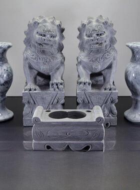 白色大理石石狮墓地一对品尝小狮子大理石青石花瓶香炉精品雕塑