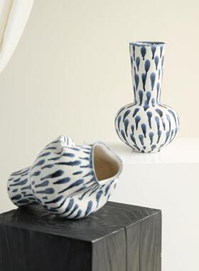 空合 蓝色水墨手绘艺术陶瓷花器 新中式侘寂风博古架民宿茶室摆件