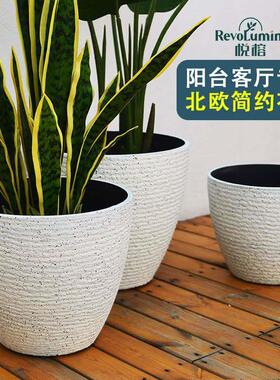 北欧简约质感室内绿植盆塑料大花盆大号加厚仿石圆筒蛋形花盆仿石
