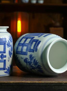 手绘青花瓷花瓶陶瓷复古瓷罐直宽口新中式花瓶摆件客厅插花喜福字