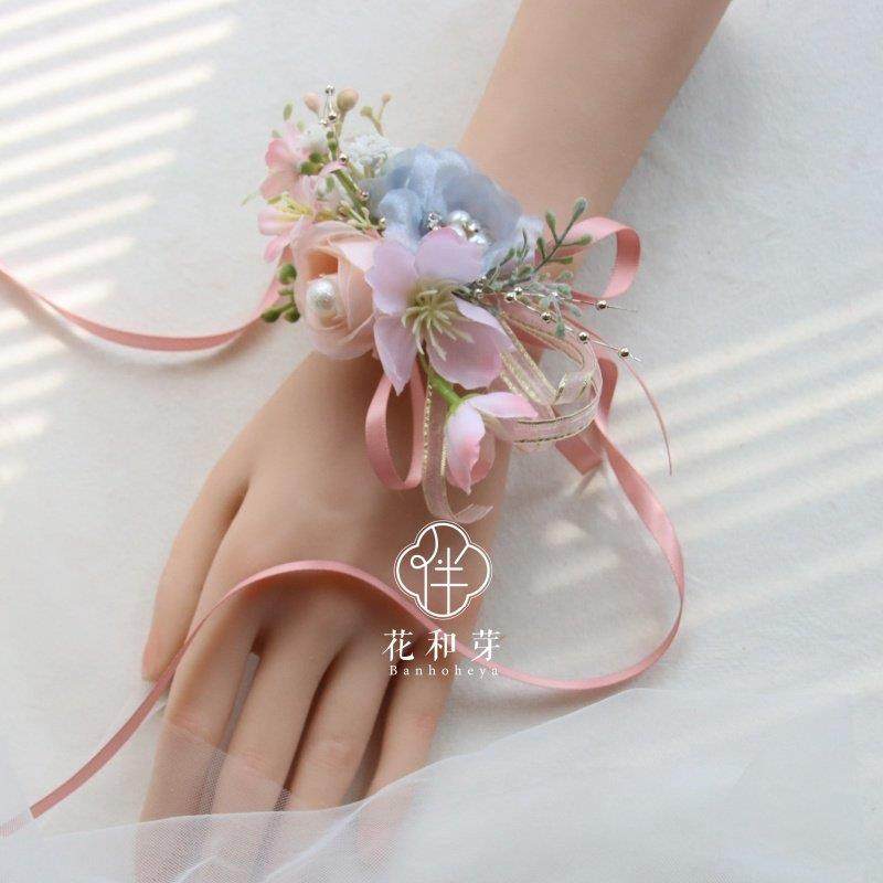 原创手工 清新香槟粉玫瑰森系叶子手花胸花新娘伴娘姐妹团手腕花,淘宝优惠券,粉丝福利购,淘宝优惠卷