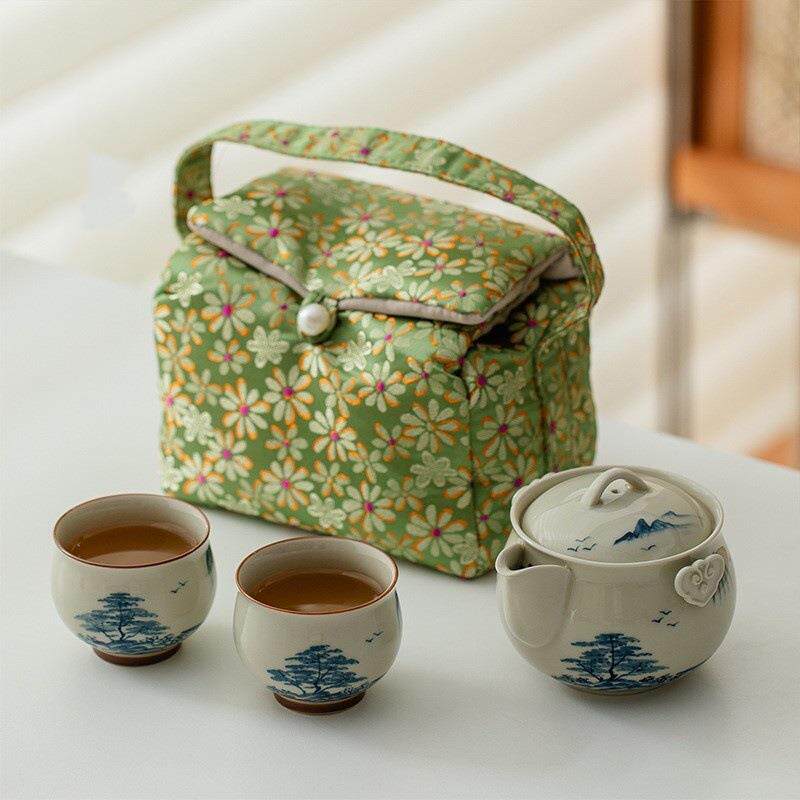 Hand-painted landscape travel tea set portable outdoor tea brewing one pot and two cups ceramic quick cup gift