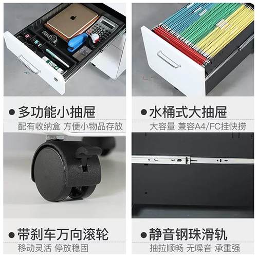 跨境钢制办公室桌下活动柜圆弧三抽屉可移动挂捞文件收纳带锁矮柜 - 图2