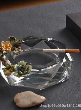 珐琅彩玻璃烟灰缸花开福蝶办公家居工艺品厂家直销设计手工轻奢