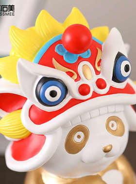 中国风国潮熊猫舞狮创意小摆件客厅酒柜家居艺术软装饰品开业礼物