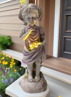 新款花园庭院摆件太阳能女孩树脂工艺品户外太阳能发光花朵