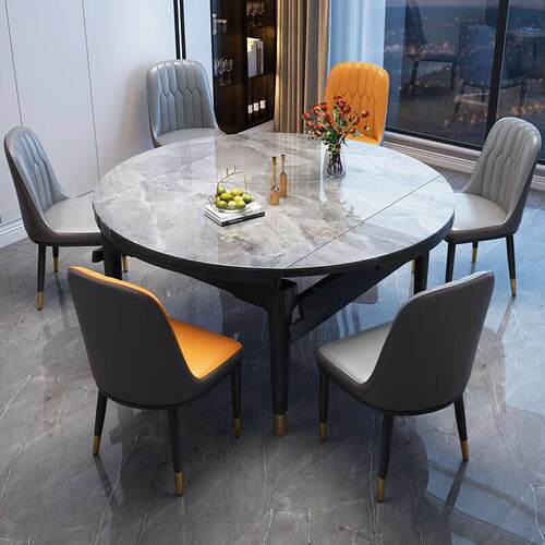 现代简约岩板实木餐桌椅组合家用小户型可伸缩方圆两用饭桌餐桌子 - 图1